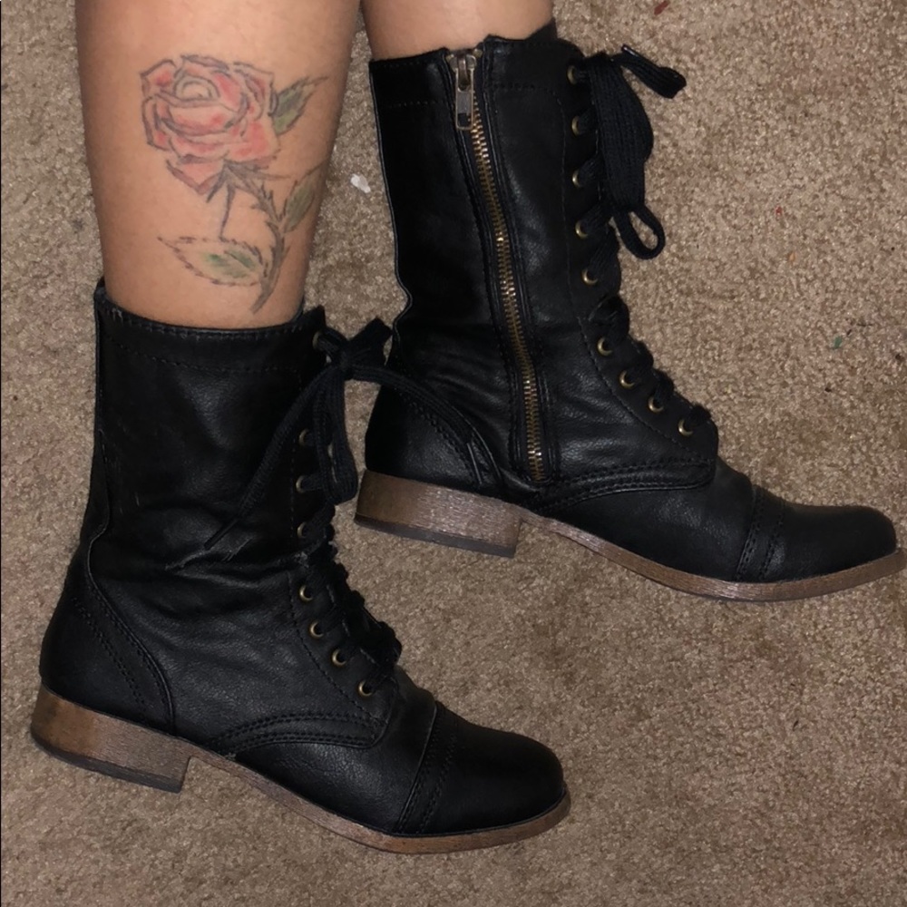 Black faux leather combat boots